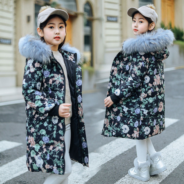 Children's Winter Jacket For Girls Kids Warm Down Coat Fur Collar Long Jacket Park Teenage Coat Hooded Outerwear