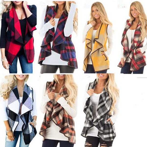 Women Pocket Vest Overcoat Autumn Waistcoat Lapel Plaid Grid Open Front Irregular Sleeveless Jacket Outwear Ladies Cloak Cardigan hot C92702