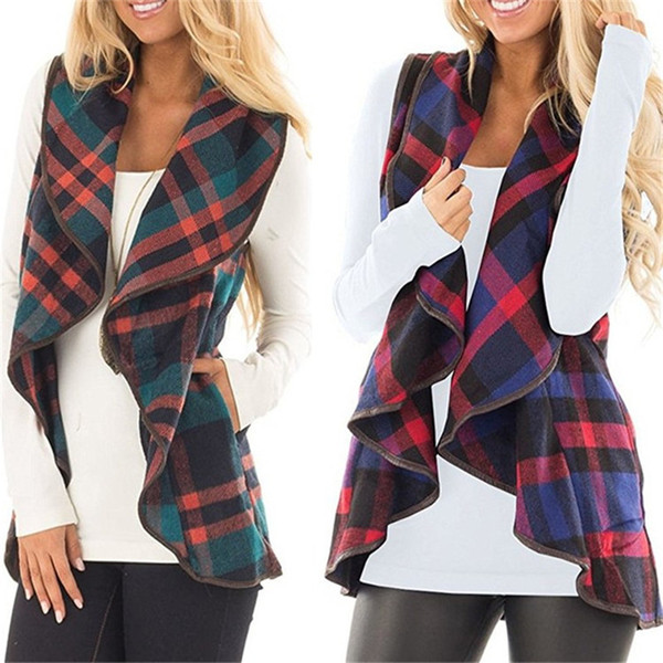 Women Plaid Cardigan Vest Sleeveless Lapel Coat Irregular Autumn Winter Jackets Open Front Blouse Trendy Outwear Waistcoat Cloth Hot C92702