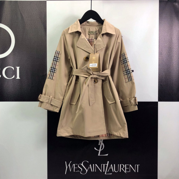Girls windbreaker kids designer clothing autumn lapel long trench coat waist design inner classic plaid pattern coat
