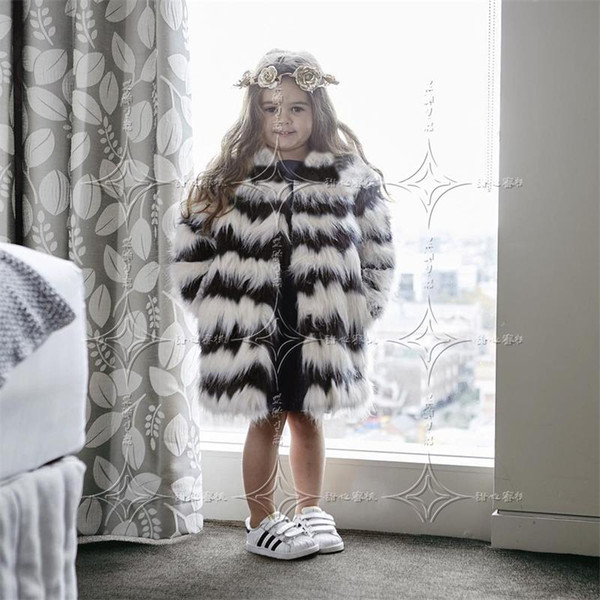 Children Warm Winter Faux Fox Fur Fashion Coats Black White Striped Long Section Fur Jackets European Style Slim Girl Cloth T0589