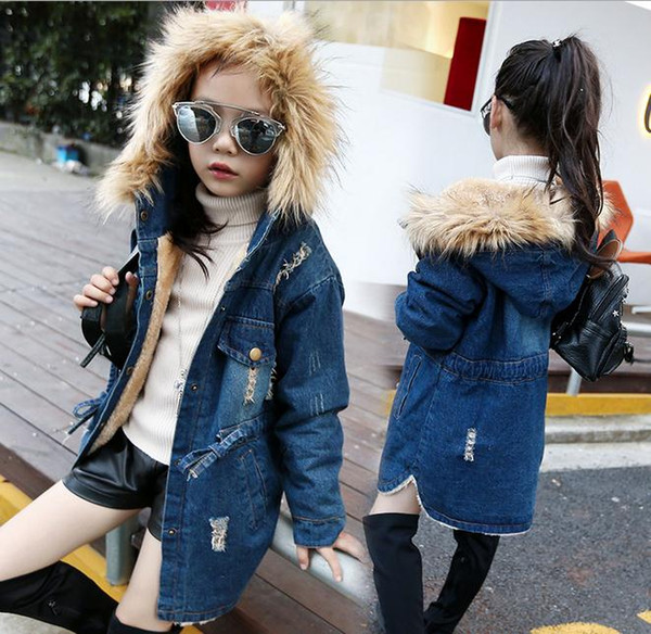 New winter Kids girls denim jacket children plus thick velvet jacket big virgin long warm coat for cold winter