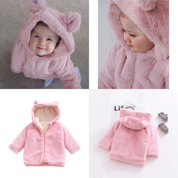 Baby Girls Autumn Winter Clothing Kids Faux Fur Coat Pink Solid Thick Warm Cartoon Bunny Ear Hooded Outwear
