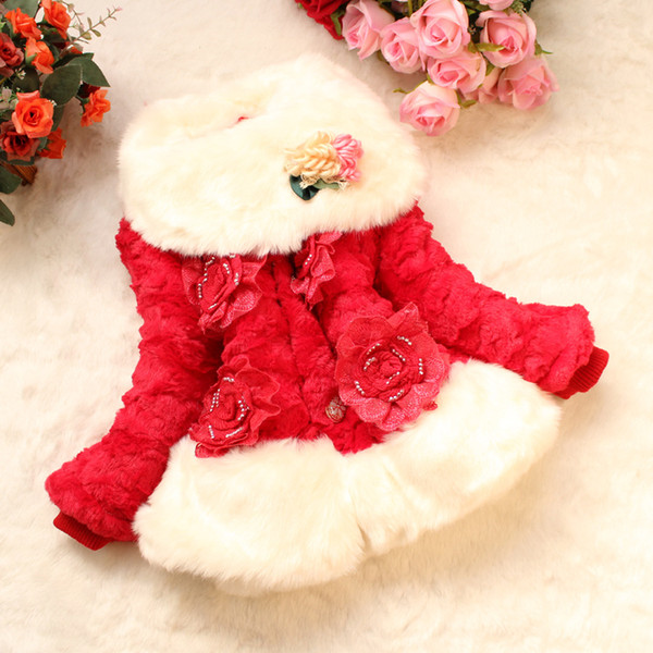 Fashion Girls Winter Clothing Fur Collar Three-dimensional Flowers Jacket Kids Winter Outwear Girls Princess Dresses for Party Dress GDW037