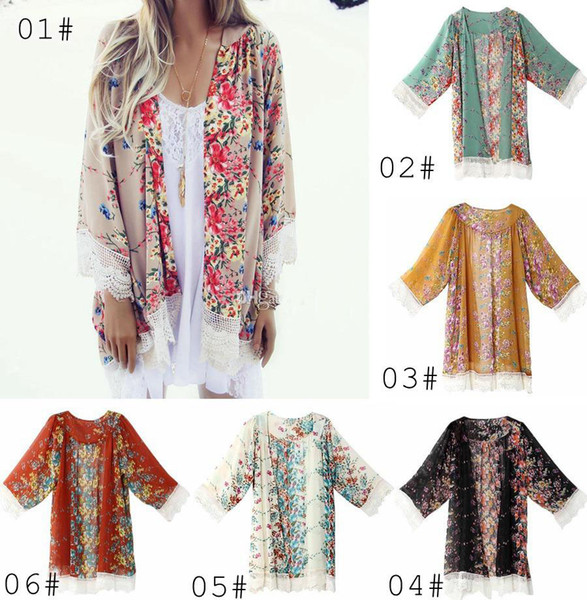 Vintage Chiffon Blouse Big Girl Women Printed Kimono Cardigan Fringed Hem Lace Shawl Oversized Tops Outwear blusas femininas Poncho Outwear