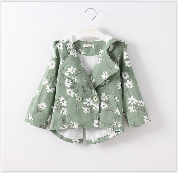 2016 Autumn Winter New Fashion Girl Floral Printing Coats Baby Girls Double Breasted Hooded Jackets Children Princess Windbreaker Outwear