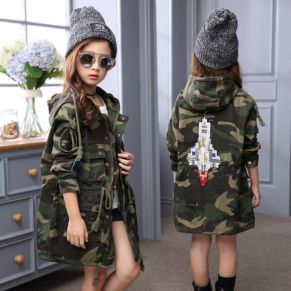Winter Camouflage Jacket Baby Girls Warm Outwear Korea Style Fashion Rocket Rmbroidery Long Coat For Girls 120-160CM