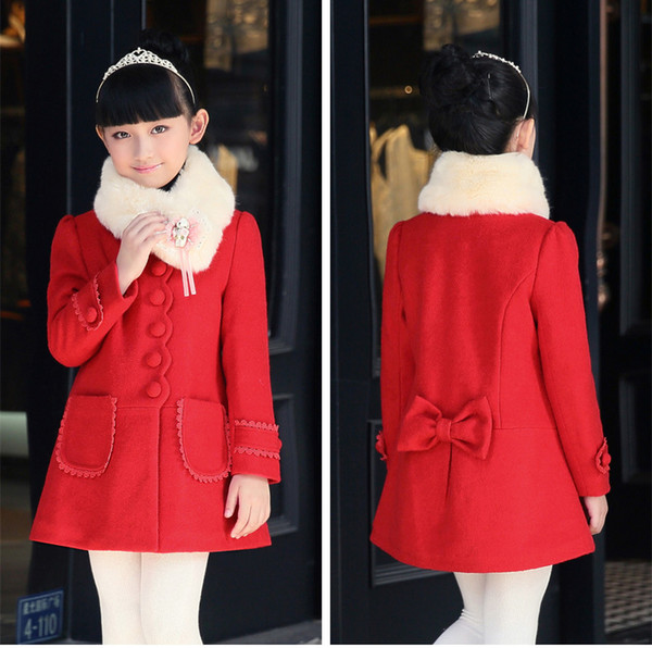 Girls Elegant Faux Fur Woolen Collar Fashion Warm Blended Winter Coat Lace Flower Princess Bowknot Jacket