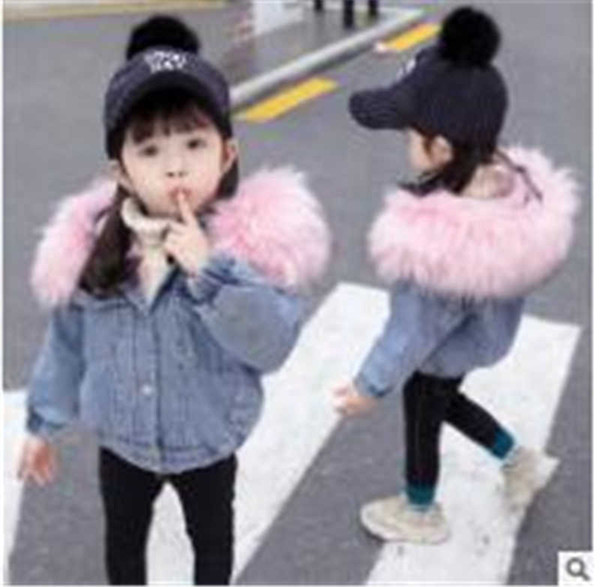 Baby's and Children's Outerwear 2019 New Large-collar Hoodie Girl's Plush and Thickened Denim Outerwear Children's Outerwear