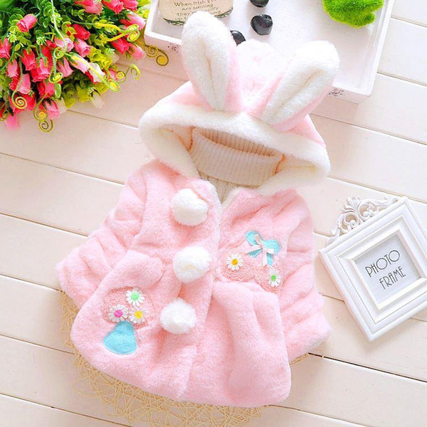 2015 Winter clothes baby girls winter velvet coat jacket cartoon coat with cherry rabbit ears 2 color for age 1-4T