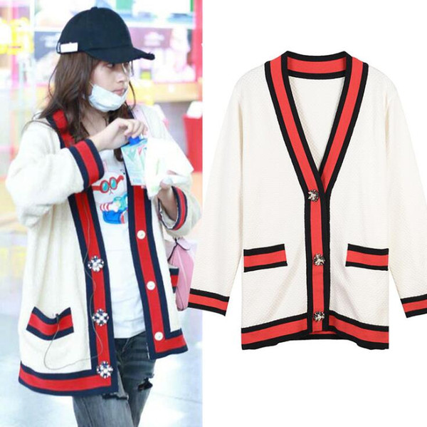Women G Sweater Coat Striped Patchwork Pearl Button V Neck Loose knitting Cardigan Coats Jackets OOA6814