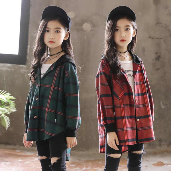 Hot 2019 Children Blouse Girl Cotton Green/Red Plaid Shirts for Teenagers Spring Autumn Fashion Hooded Cardigan Jacket 3-14Yrs T200229
