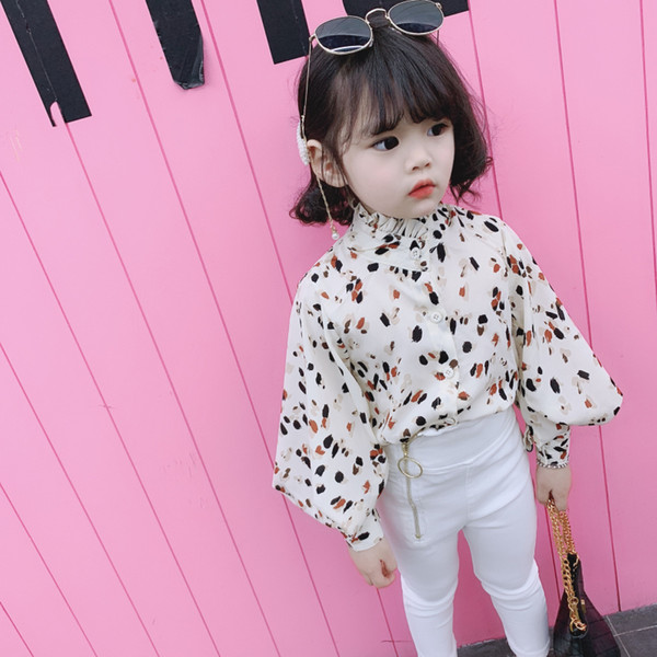 Spring Autumn girls blouse baby shirt kids tops children fashion clothes ruched neck puff sleeve leopard 2 to 7 yrs T200229