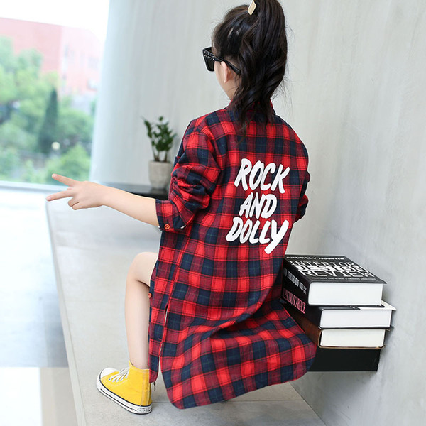 Fashion Autumn 2018 Long Section Blouse for Girls Green Yellow Red Plaid Cotton Shirts Casual Teenage School Tops and Blouses T200229