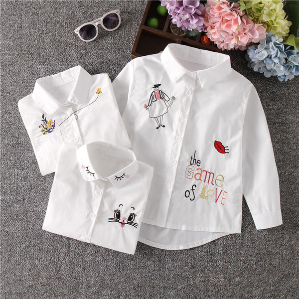 New Arrival Girls White Blouse Fall Cute Long Sleeves Children Cartoon Shirts Girl Blouses Cat Teenager School Clothes Kids Tops T200229