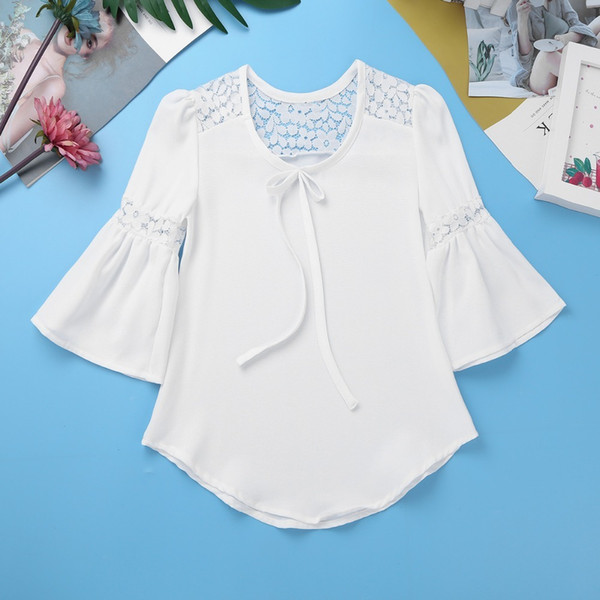 iiniim Kids Girls Bell Sleeves Lace Splice Top White Blouses with Bowtie for Casual Spring Summer Autumn Party Girl Shirts T200229