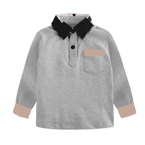 Bongawan Boys Full Cotton T-Shirts Turn-down Collar Pocket Gray Striped Causal Stryle 3-8 Years Kid Clothing For Boys T200228