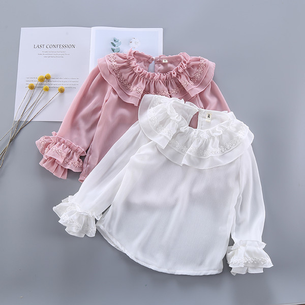 New Girl Shirts 2019 Spring summer Fashion White Pink Color Baby Girls lace Blouses Cute Long Sleeve Ruffle Tops Kids Clothes T200229