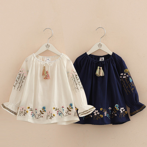 2018 Spring Autumn 2-10 Years Cotton Navy Blue White Long Flare Trumpet Sleeve Embroidery Baby Kids Girls Tassels Blouses Shirt T200229