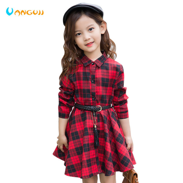 girls blouse Spring and Autumn Cotton Shirts Loose casual plaid fashion Full sleeve outwear Belt shirt dress Red and black T200229