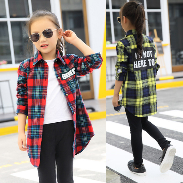 Blouses Baby Girl 2018 Autumn Cotton Shirt for Teens Kids Plaid Blouse Big Size 4 6 8 10 12 14 16 Years Girl Clothes Tenages T200229