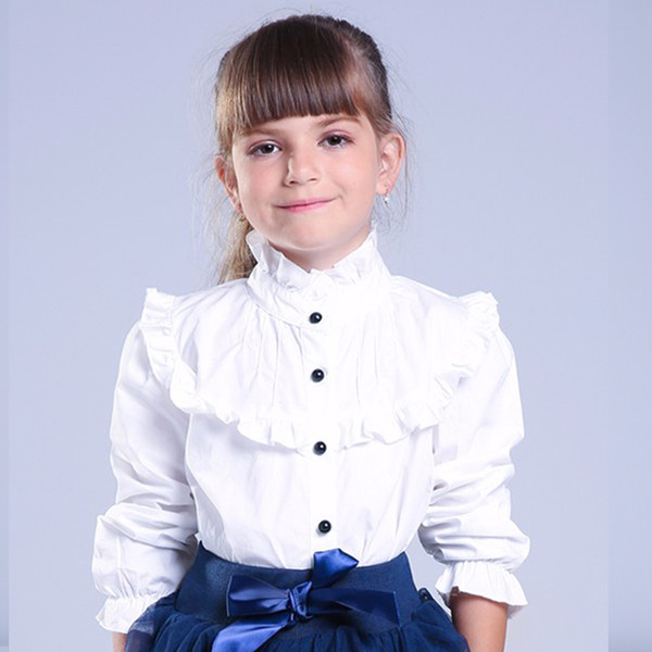 Girl Ruffled Shirt Kids White Clothes Teenager Slim Waist Blouse Fashion Infant Tops School Uniforms Shirts Long-Sleeve Clothing T200229