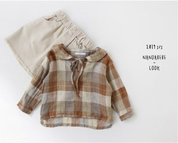 Girl Blouse Toddler Kids Casual Plaid Autumn Clothings Linen T-shirts T200228