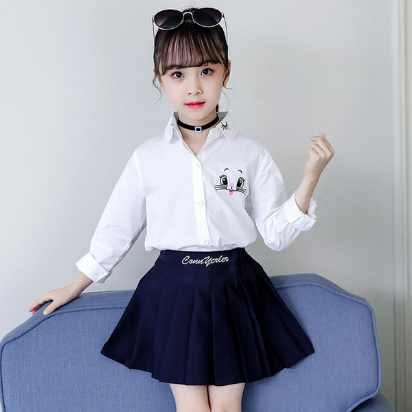 Autumn Back To School Shirts for School Girls Princess Clothes Kids Long Sleeve White Blouse Cartoon Cat Flower Embroidery Tops T200229