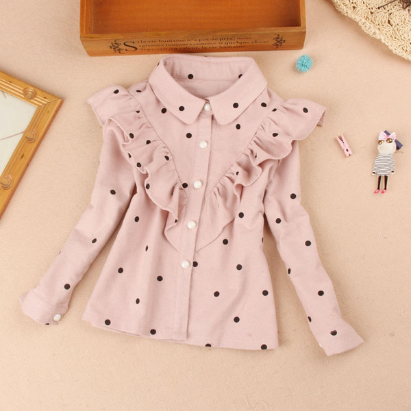 New Fall Cotton Dot Blouse Girl Teen Pink Long Sleeve Shirt Casual Cotton Kids Girls Clothes Autumn Blouse Girl 4 7 11 13 15Yrs T200229