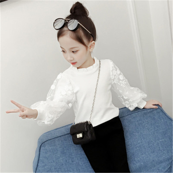 2018 Girls Blouse White Lace Puff Long Sleeve Autumn Cotton Baby Toddler Teenager Girl Shirt Kids Tops Children Clothes A3035 T200229