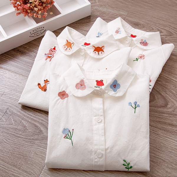Girls Blouses Long Sleeve White Blouse Autumn 2020 Kids Clothes Girls 8 To 12 Cartoon Fox Embroidery Tops Cotton School Shirts T200229