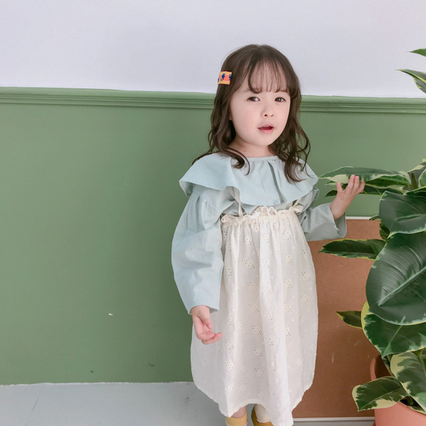 Spring Autumn cute kids pure cotton solid color Lotus leaf collar shirts 2019 baby girls loose blouses T200229