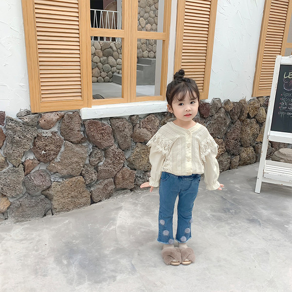 2019 Autumn New Arrival Korean style cotton long sleeve all-match princess lace flowers shirt for cute sweet baby girls T200229