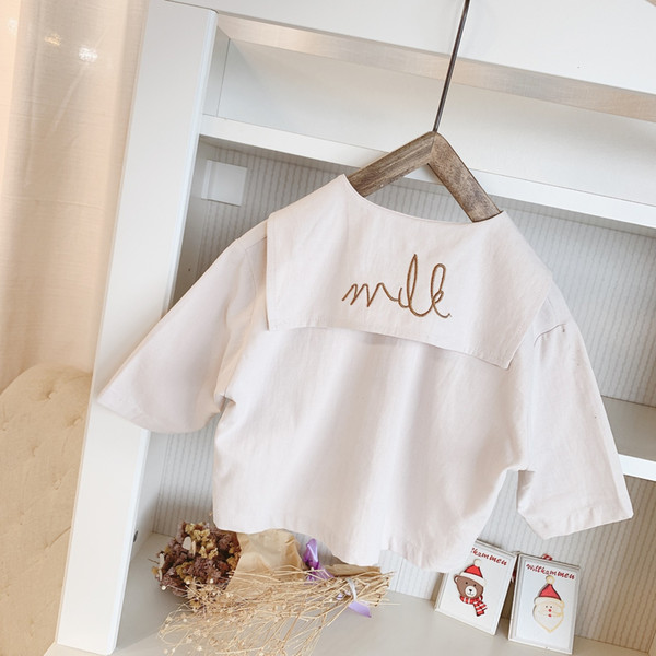 Spring 2020 Girls Korean Cotton Embroidered Big Turn-collar Shirt New girl Coton Shirt Children Girl Top Blouse T200229