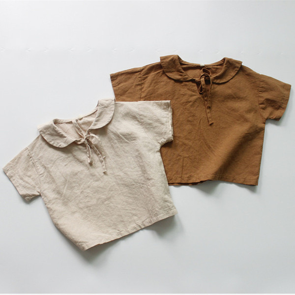 2019 new Summer Cotton Linen Baby Girls Shirts Korean Style Girls Short Sleeve Tops Kids Clothes Casual Preppy Style Blouses T200229