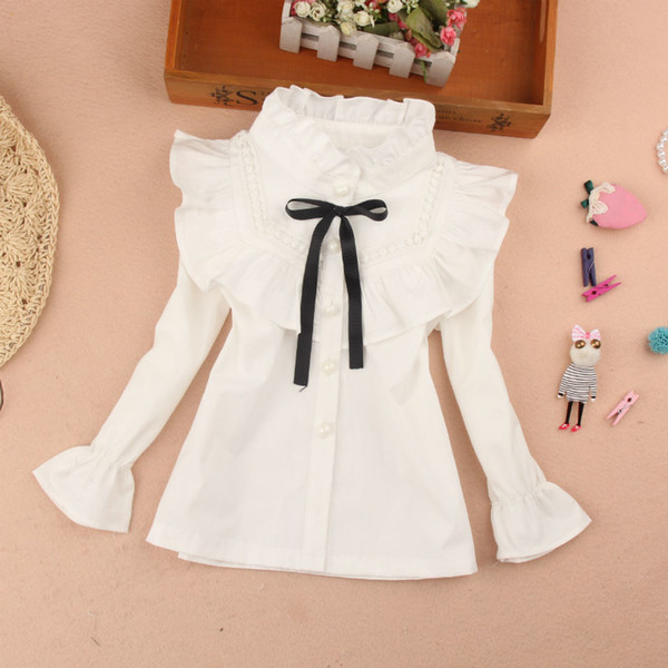 New Spring 2019 Girls School Shirts Cotton Turtleneck Long Sleeve White Blouse Fashion Classic Children Teenage Clothing 3-16Yrs T200229