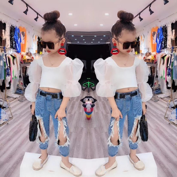 Summer new fashion mesh patchwork Puff sleeve short t-shirts baby girls sweet style tops kid princess tees children clothes w771 T200228