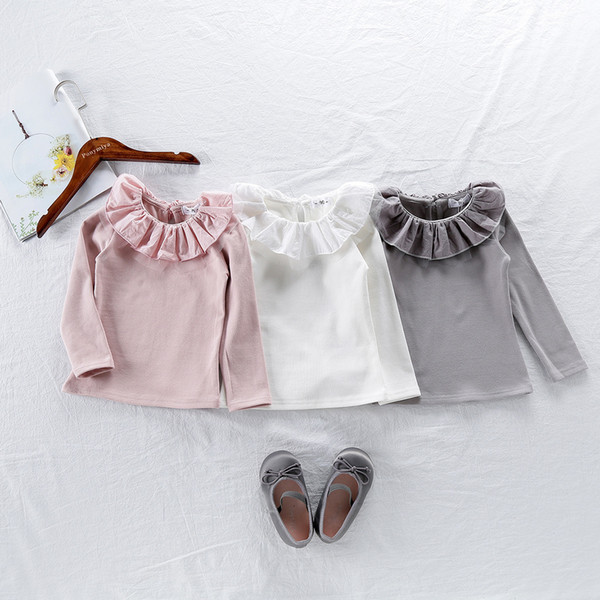 Toddler Blouse Baby Girl Pure Cotton Soft Ruffles Turn Down Collar Long Sleeve White Shirt Basic Bottoming Blouse Clothes 12m-5T T200228