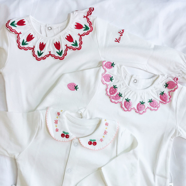 EnkeliBB Lolita Little Girl Long Sleeve White Blouse Strawberry Cherry Embroidery Basic Tops Toddler Girl Quality White Blouses T200229