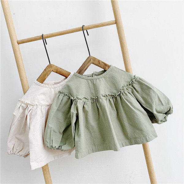 Autumn New Toddlers Girls Cute Blouses Lantern Sleeve Solid Color Tops Korean Style Children Clothes Loose Kids Shirts T200229