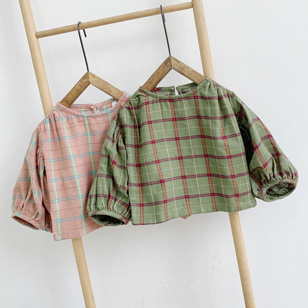 2019 Spring Autumn Fashion Pure Cotton Girls Clothes Baby Girls Shirts Children 1-5 Years Old Coat Long Sleeved Grid T-Shirt T200228