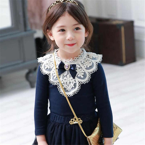 2019 Baby Girls Blouses Children Cotton Lace Clothes Teenage School Girl Basic Tops Cute Bow Navy Blue Sweatshirts 2 4 6 8 11Yrs T200229
