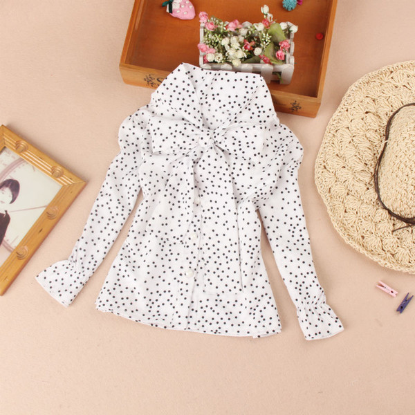 New Autumn Chiffon Blouse for Girls Long Sleeve Tops Korean Children Clothing School Girl White Dot Shirts Bow Patten Clothes T200229
