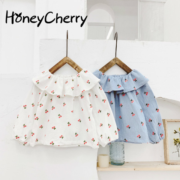 Spring Shirt 2020 Girls Korean Version All-cotton Cherry Printed Big Turn-collar Shirt Girls School Blouses girl Cotton Shirt T200229
