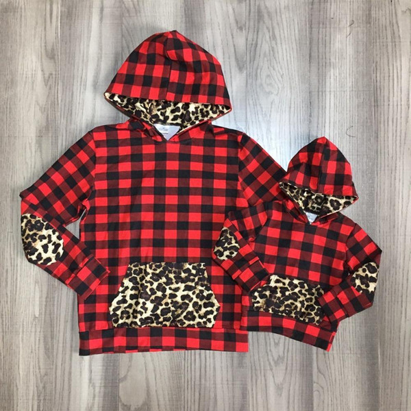 mom and me clothes baby girls red black plaid hoodie with leopard print hat pocket girls boutique cotton hoodie T200228