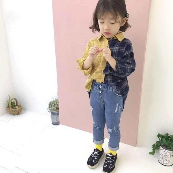 Korean style Autumn fashion baby girls loose patchwork plaid shirts kids cotton casual blouses children clothes Tops T200229