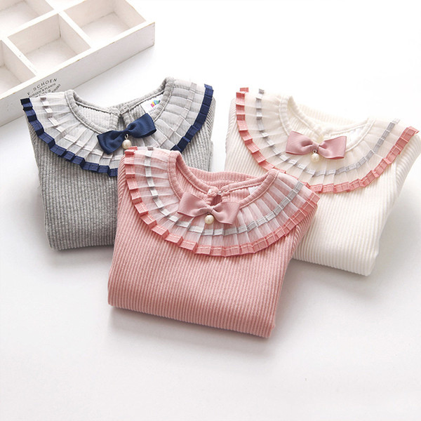 2018 Spring Autumn 2-12T 100% Cotton White Grey Solid Color Long Sleeve Pleated Turn-Down Collar Neck T Shirt For Girls 10 Years T200228