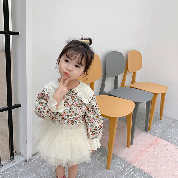 2019 Autumn New Arrival Korean style cotton flowers printed long sleeve princess shirt with lace collar for cute sweet baby girl T200229