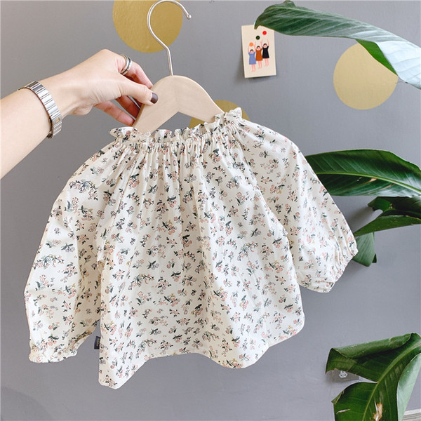 New 2020 Spring Korean Style Baby Girls Floral Blouses Ruched Collar Long Sleeve Tops Toddlers Children Clothes Kids Shirts T200229