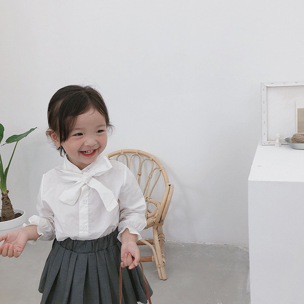 Children Cotton Bow Tie Long Sleeve Shirt Girls Pure Color White Lace Sleeve Blouses 2019 Autumn Children Top Fashion Clothing T200229